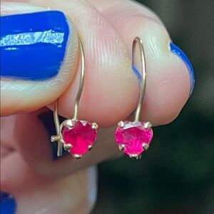Vintage 10k Solid Yellow Gold Heart Shaped Pink Ruby Earrings